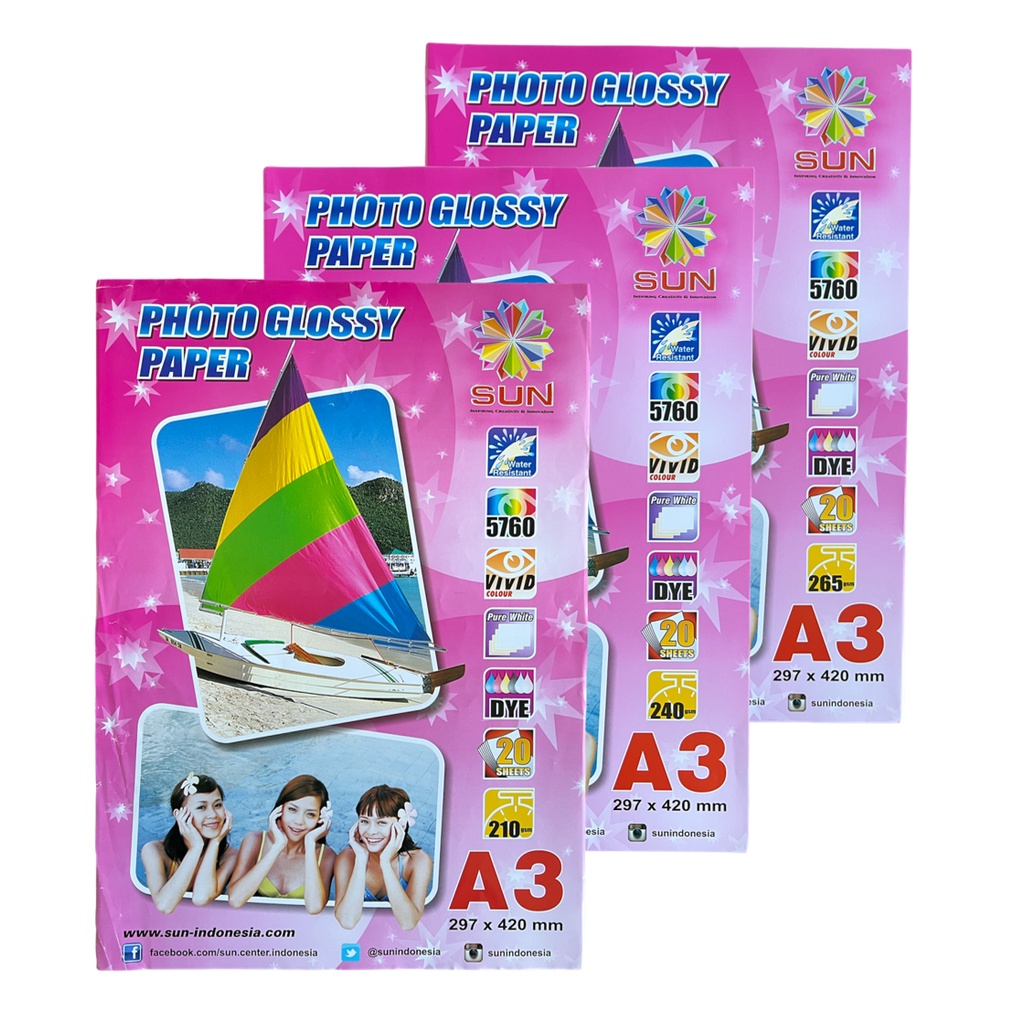 Kertas Foto Sun Glossy Photo Paper A3 (210 240 265 gsm)