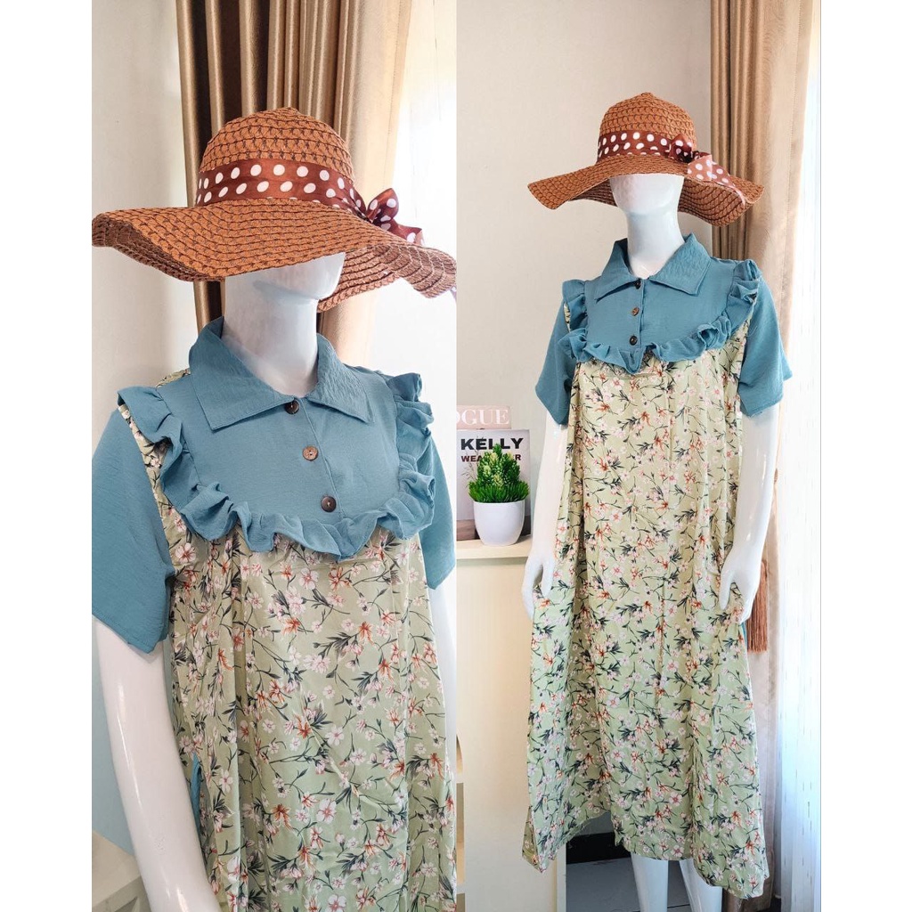 Flower Sakura Dress Wanita Jumbo Rayon Armor Kombinasi Crinkle Airflow Premium Baju Wanita Kekinian Lengan Pendek Maxydress  LD 110 cm
