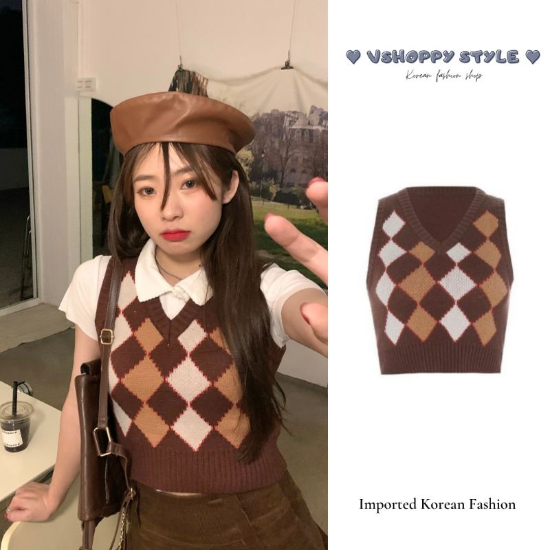 [READY STOCK] BROWNIE ARGYLE VEST ( VEST CROP MOTIF ARGYLE IMPORT)