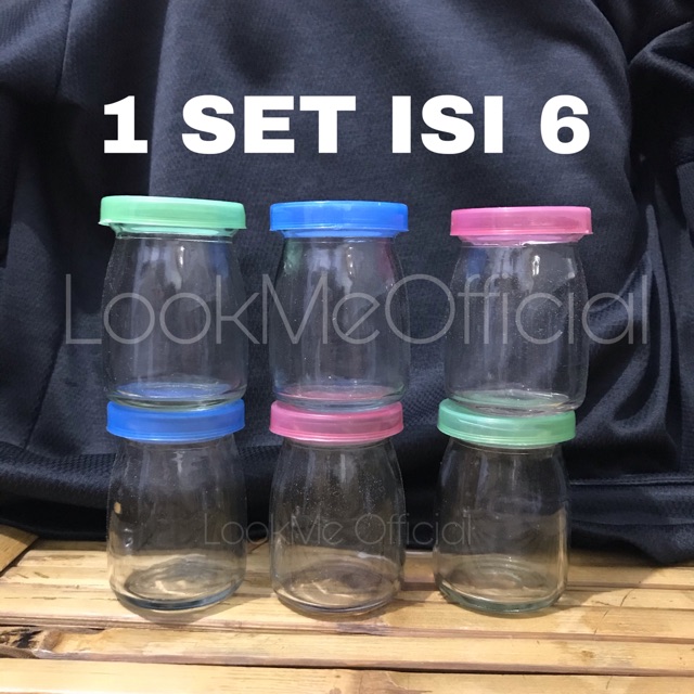 1 SET 6 PCS Botol Kaca Mini 100ml Botol Susu Pudding Jar Dore Toples Beling Gelas Tutup Plastik Tran