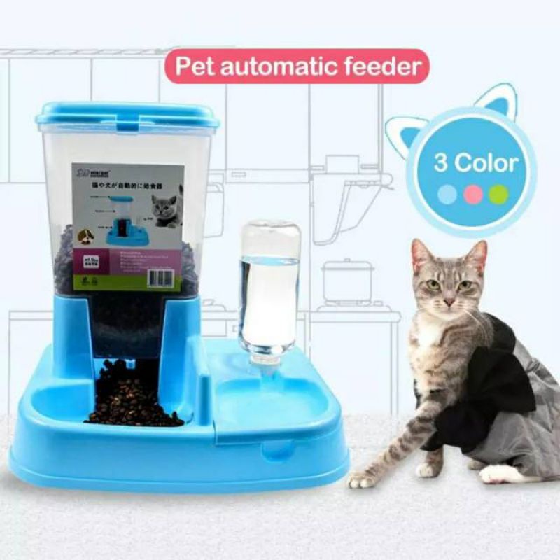 Pet bowl dispenser otomatis 2in1 tempat makanan minuman anjing kucing kelinci hewan pet Kucing Automatic Pet Food Dispenser otomatis PET0640 Blue INT504