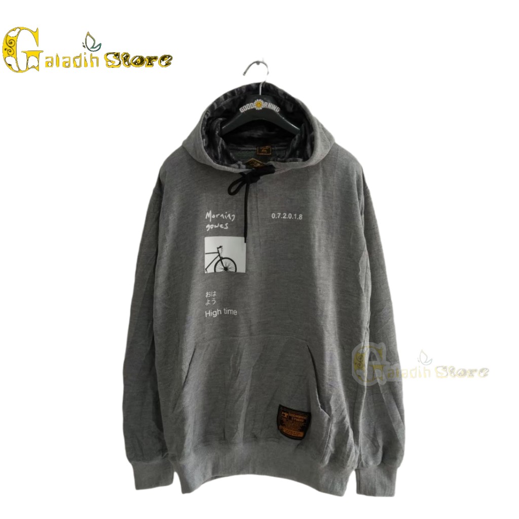 Hoodie Pria Distro original brand tebal Sweater Good Morning Goess Abu Unisex Cowok Cewek Terbaru