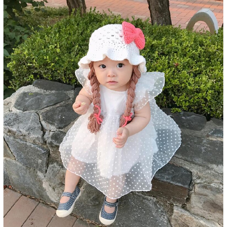 Topi Rajut Anak Perempuan Rambut Kepang Palsu Bayi Perempuan Import Korea Baby Hat Model Carry