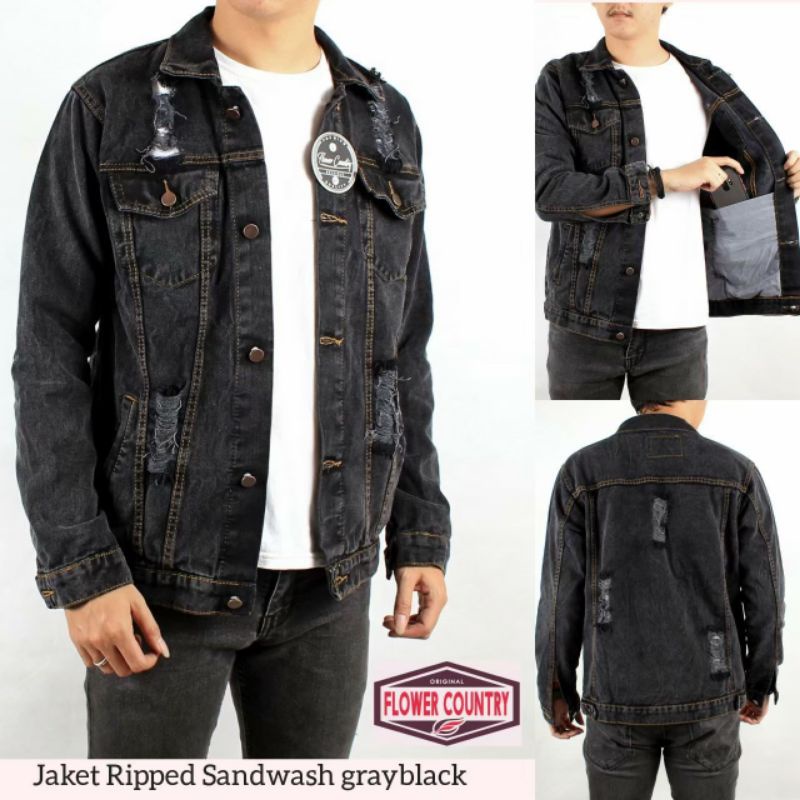 jaket jeans denim pria greyblack jaket denim sandwash distro ripped sobek2 big size M-XXL