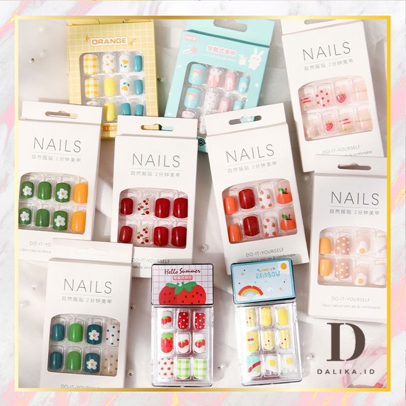 Set Kuku Palsu 24 Pcs dan Lem Fake Nail Art DIY Kuku Palsu Tahan air Dalika