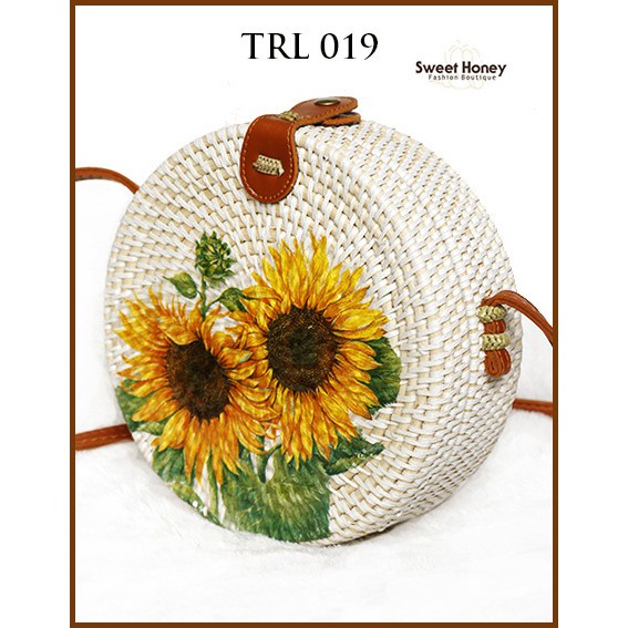 Sweet Honey ~ Grosir Tas Rotan Bali Lukis Decoupage Bunga Matahari Sunflower TRL019 Diameter 20cm [Bisa COD]