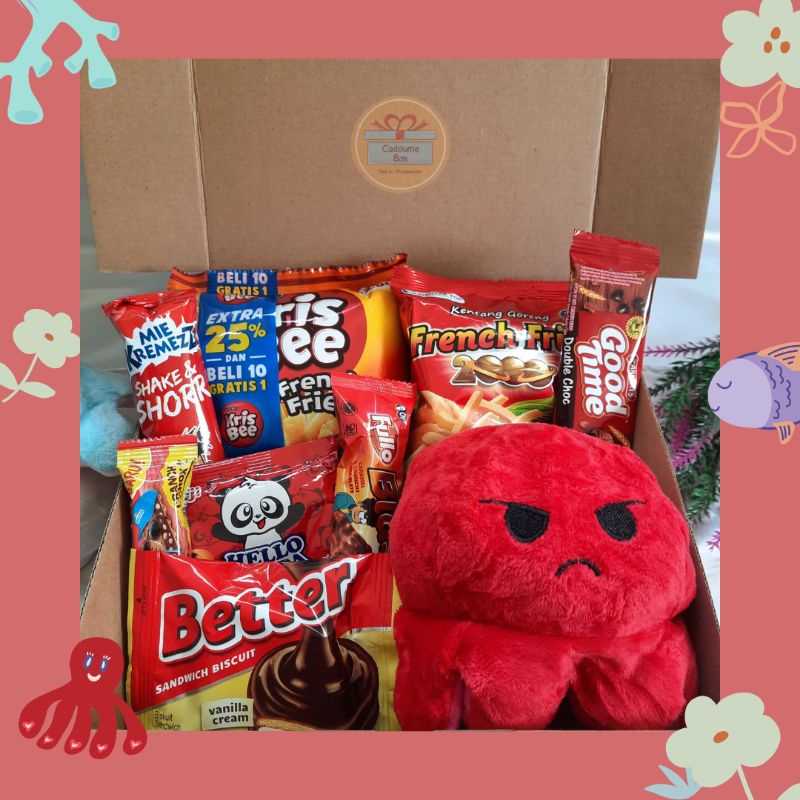 hampers snack ulang tahun BONEKA GURITA MINI / snackbox boneka gurita mini / Octosnack Box / Snackbox / Hampers ulang tahun /  Snack box / Giftbox  /  Hampers Snack / Hampers Gurita Mini / Kado Ulang Tahun / Hampers Snack dengan Boneka Gurita Mini