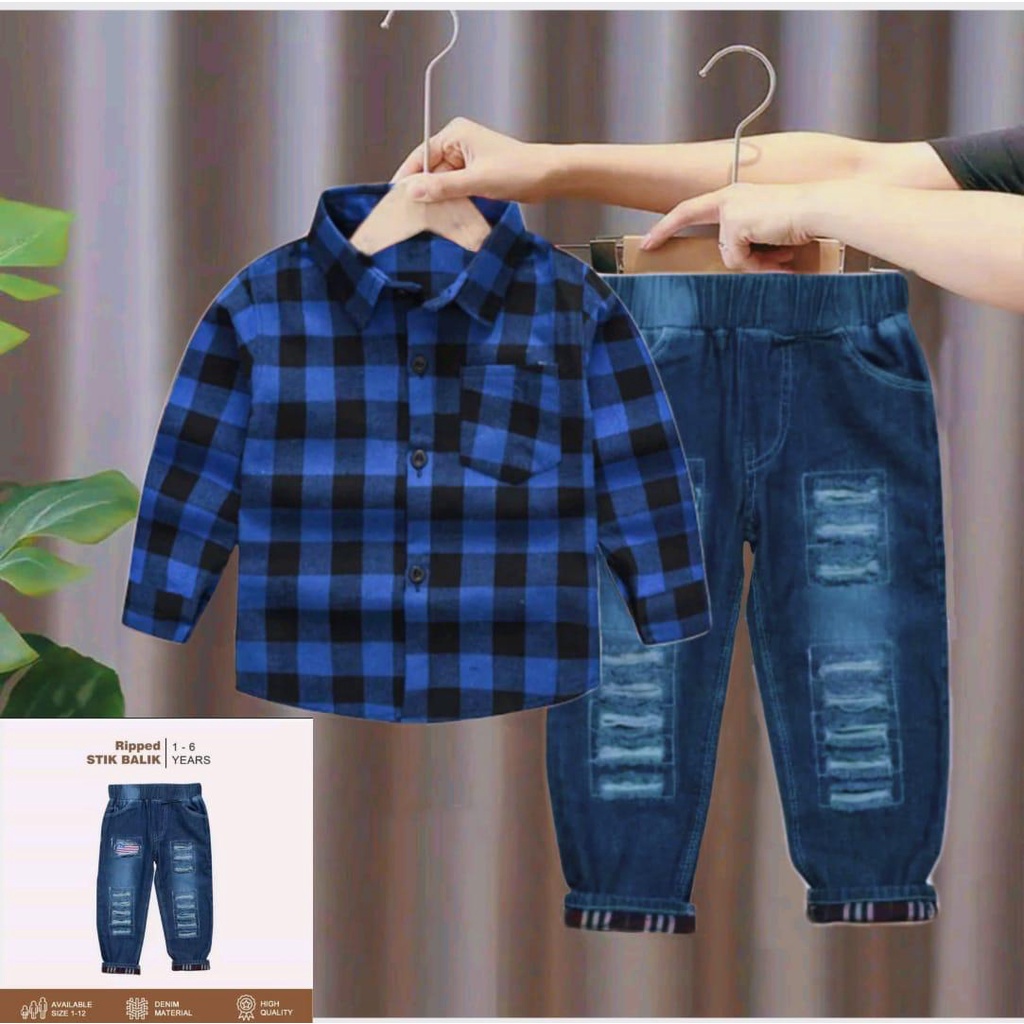 SETELAN KEMEJA FLANEL ANAK DAN JEANS STIK BALIK ANAK LAKI LAKI 1-7 TAHUN TERLARIS / SETELAN KEMEJA DAN LEVIS PANJANG ANAK / SETELAN LEBARAN ANAK