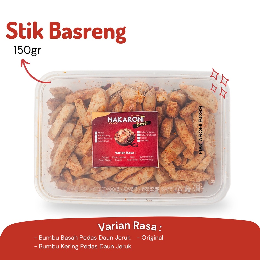 

Stik Basreng Pedas Daun Jeruk by Macaroni Boss Box Thinwall 150gr Cemilan Pedas Snack Bakso Goreng Bandung