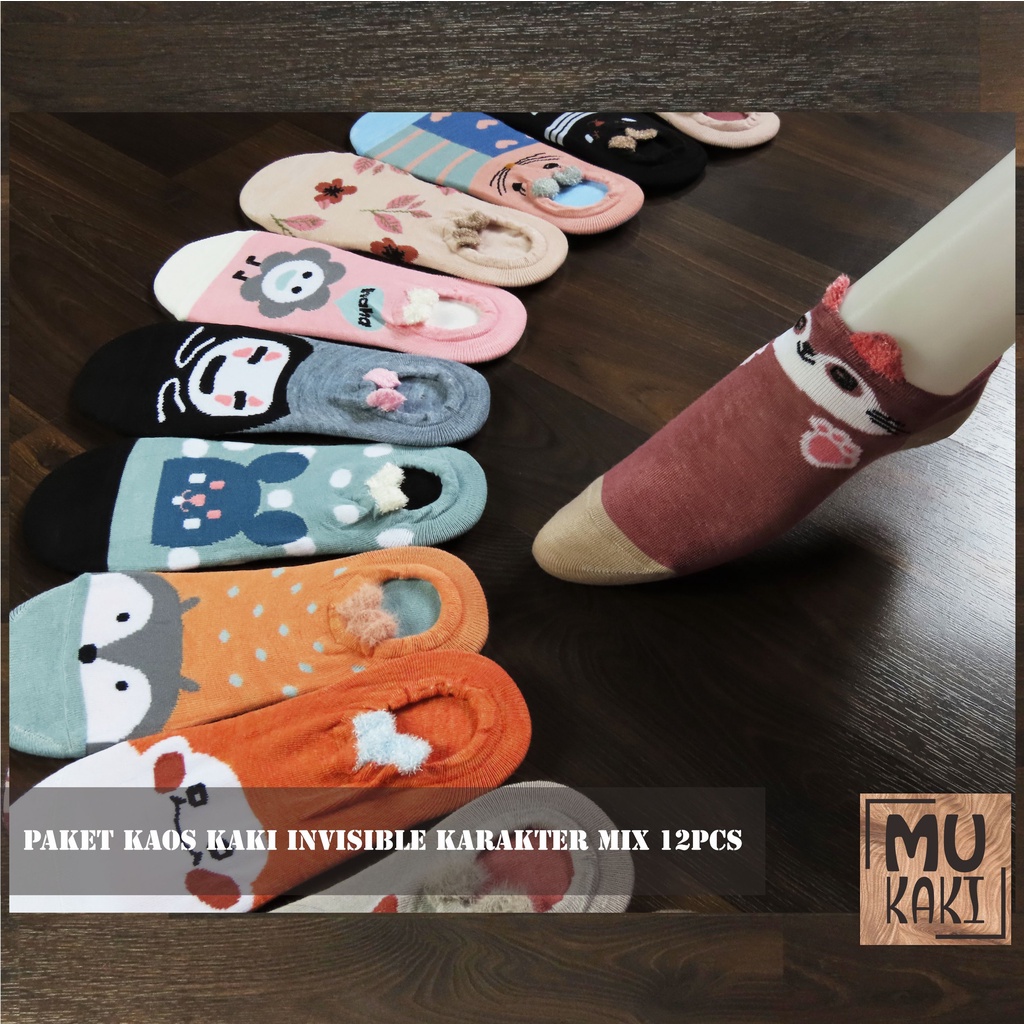 Paket Kaos Kaki Invisible / Balet / Dibawah Mata Kaki Motif Karakter 3D Aksen Telinga Mix 12pcs Mukaki