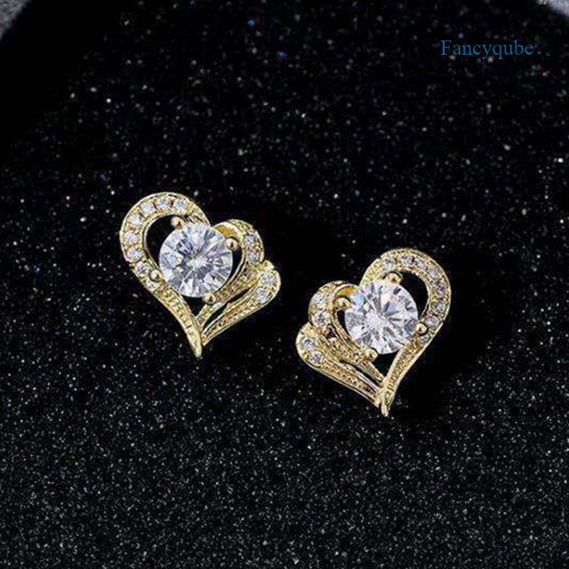 Fancyqube Anting Stud Cubic Zirconia Bentuk Hati Untuk Wanita