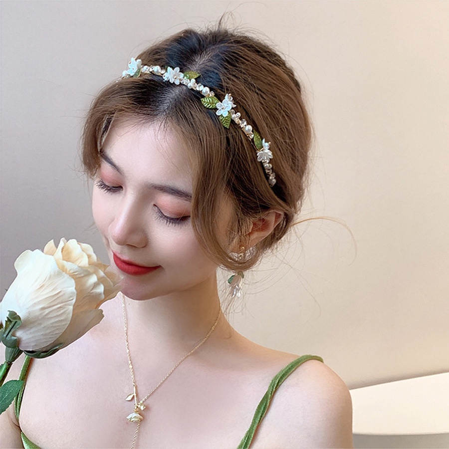 Bando Desain Bunga Daun Aksen Mutiara Kristal Berlian Imitasi Bahan Logam Gaya Korea Untuk Wanita