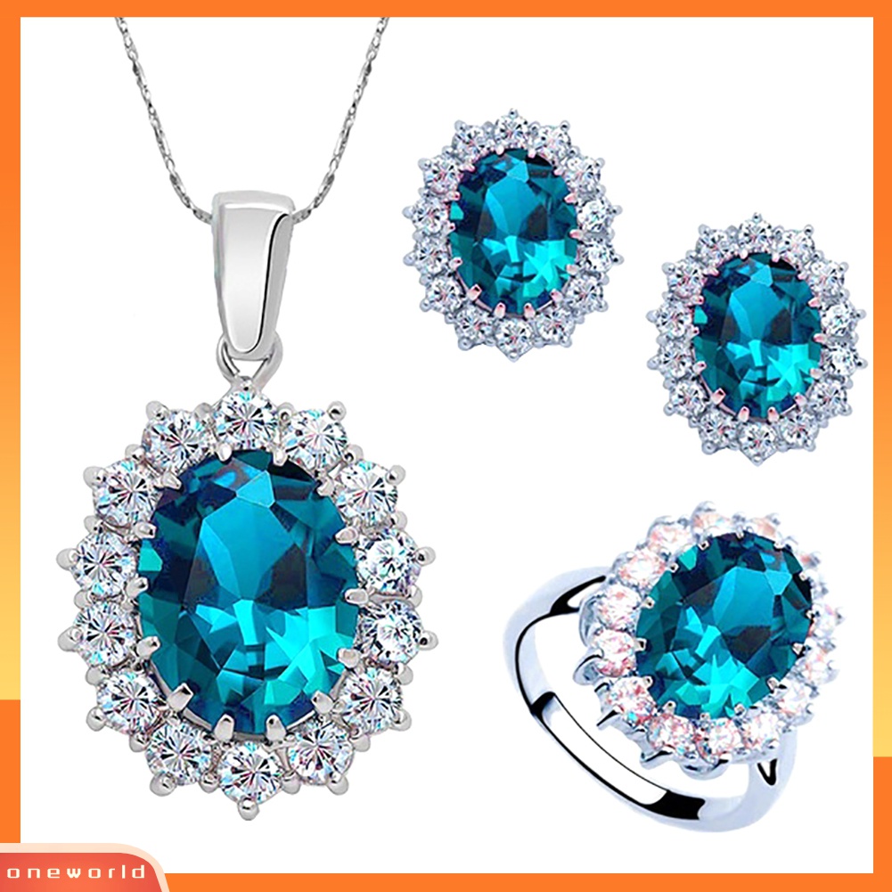 3pcs / Set Kalung Anting Cincin Berlian Imitasi Bentuk Oval Untuk Wanita