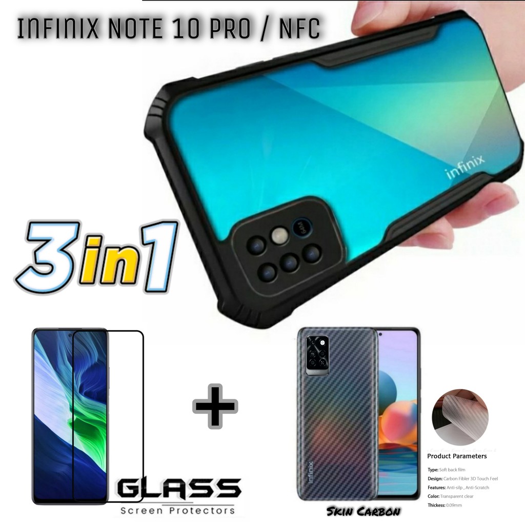 Hard Case INFINIX NOTE 10 PRO NFC Paket 3in1 Case Fusion Transparant Free Tempered Glass Layar dan Skin Carbon Transparant