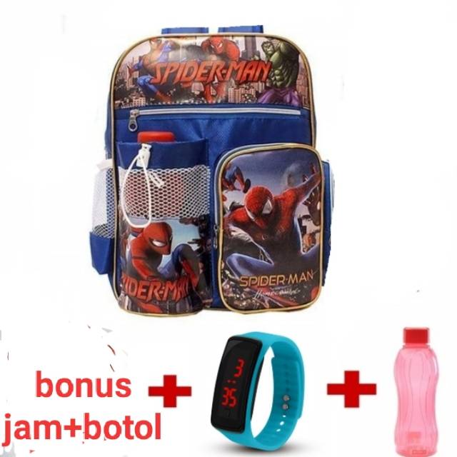 Tas spiderman gratis botol +jam tas anak tk dan sd