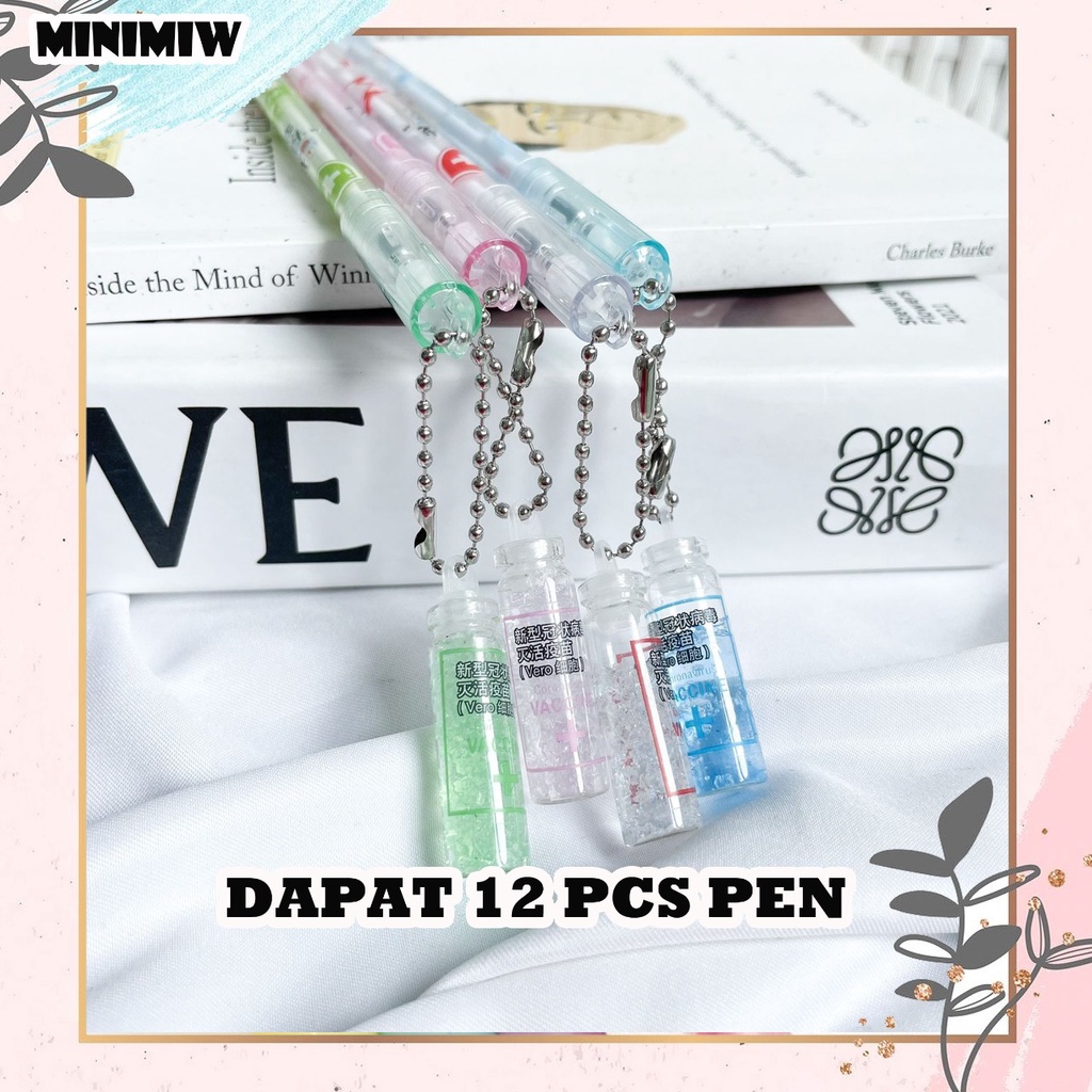 SELUSIN PEN GANTUNGAN VAKSIN ISI 12 PCS PENA BOLPEN PULPEN VACCINE BOTOL UNIK GEL PEN MURAH