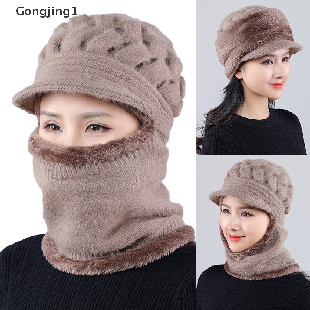 Gongjing1 Topi Kupluk + Syal Rajut Tebal Hangat Anti Angin Untuk Wanita / Musim Dingin / Bersepeda