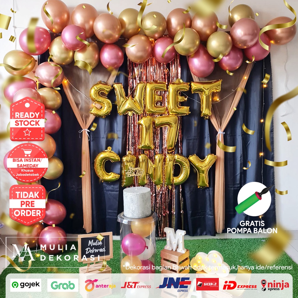 Dekorasi Sweet Seventeen 17 th Ultah Metalik Birthday DIY Paket Lengkap Photobooth Sweetcorner Decorations