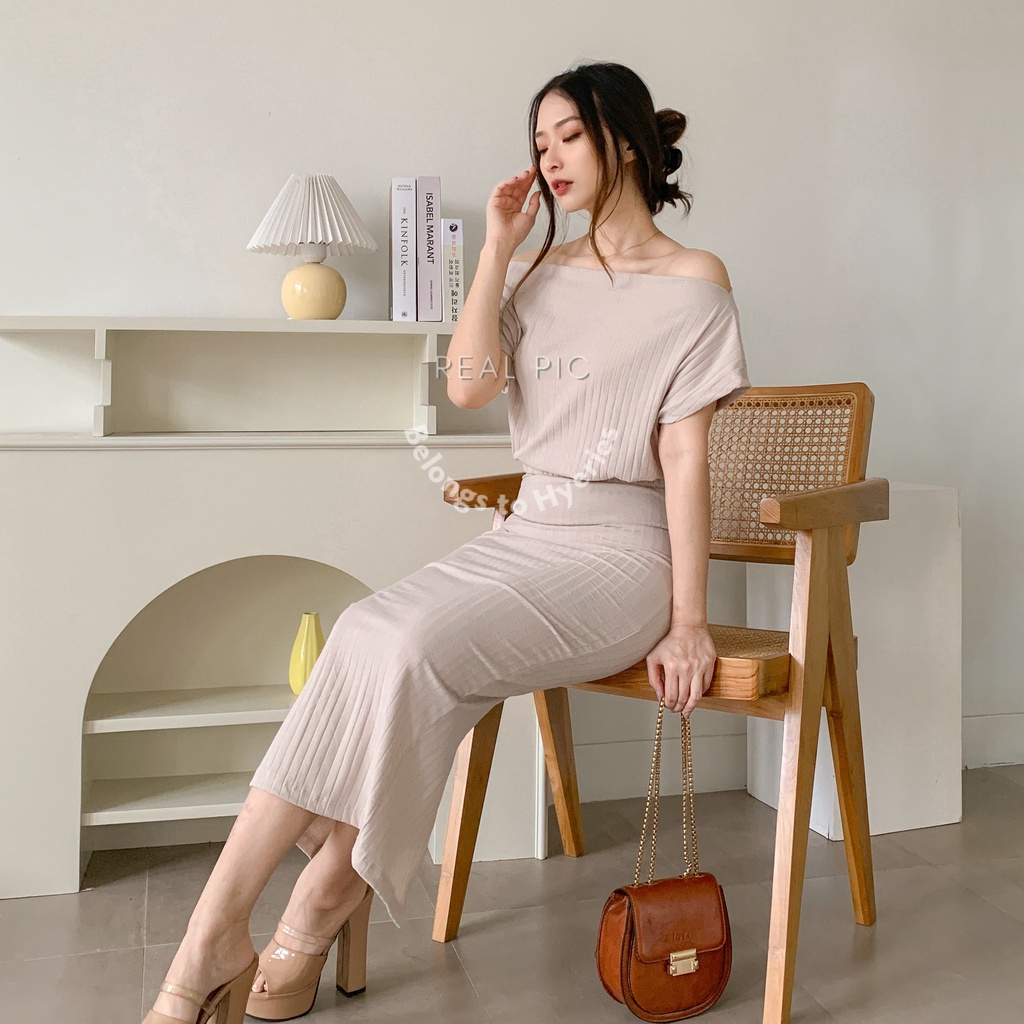 HYERIES Sihyeon set / Atasan Casual Wanita Korea Sabrina One Shoulder / Off Shoulder Top / Blouse Wanita / Sabrina top / Rok highwaist skirt / Rok span / Dress kondangan / Skirt Bodycon dress / Simple dress korea / Sabrina dress polos / Rok kerja