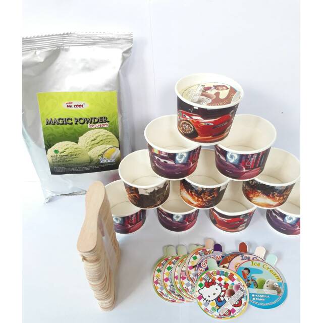 PAKET BUBUK ICE CREAM 250GR +PAPER CUP 50ML LENGKAP SENDOK TUTUP