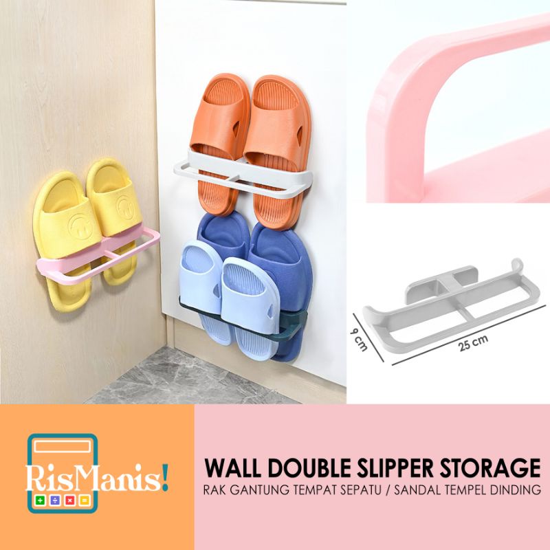 WALL DOUBLE SLIPPER STORAGE - Rak Sandal Plastik 2 in 1 Tempel Tembok Organizer Sepatu 2 Slot Gantungan Dinding