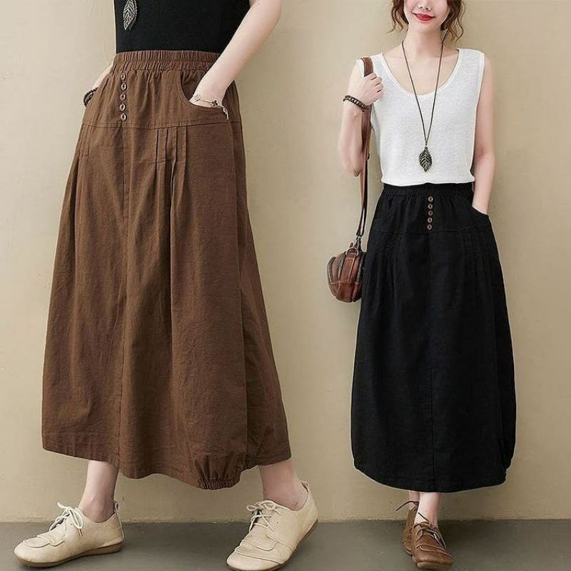 ROK BAHAN KATUN RAMI HITS OOTD - Rok Panjang - Rok Bahan Kekinian - Rok Bahan Linen-Rok Kekinian-Bawahan Wanita