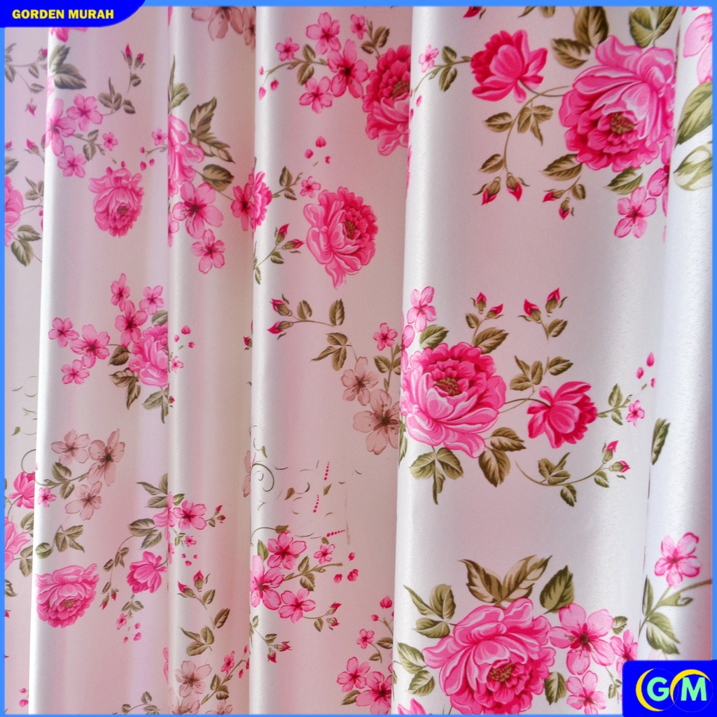 Gorden pintu jendela blackout import motif bunga shaby Smokring 12 ring 6 lipatan-Vanda pink