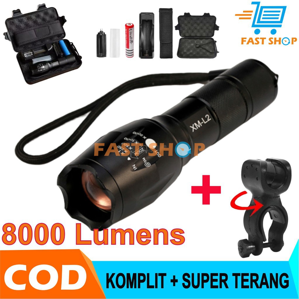 Paket Senter LED Tactical CREE XM-L2 8000 Lumens Senter Swat outdoor mancing super terang