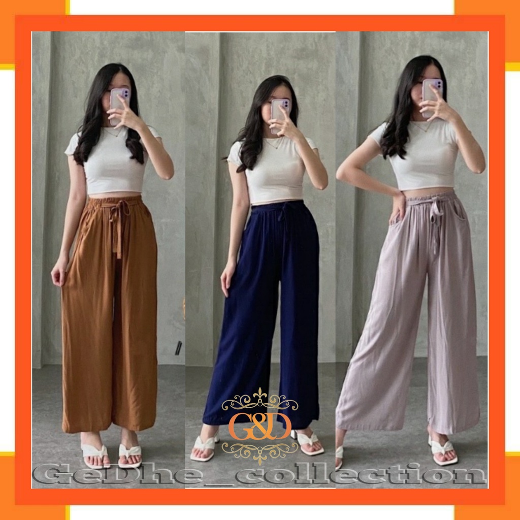 Celana Kulot Highwaist Rayon Premium Crinkle Polos Kulot Uniqlow Panjang Wanita Jumbo Big Size Korea