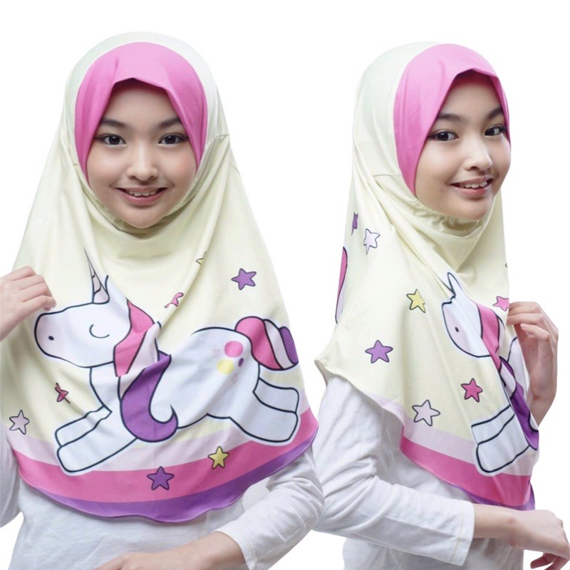 BERGO ANAK PRINTING MOTIF UNICORN BINTANG ,HIJAB INSTANT , HIJAB ANAK LUCU KARAKTER,JILBAB ANAK