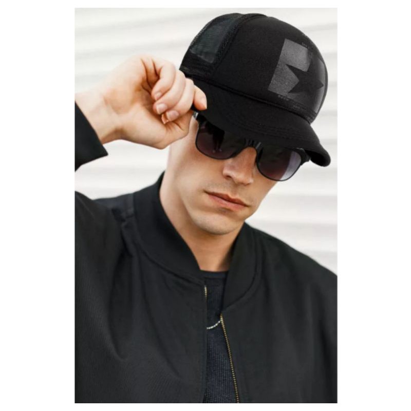 Topi trucker baseball sport candy polos jaring Hitam putih biru