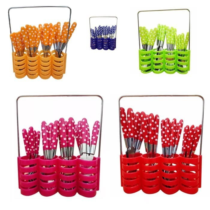 Sendok Set Polkadot Motif Warna Warni Rak Spoon Makan Garpu Pisau Motif Fork Knife Lucu