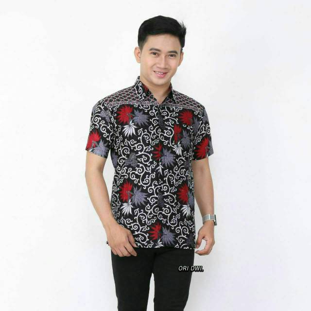 Kemeja Batik Pria Lengan Pendek Bahan Katun Motif Kembang Langit