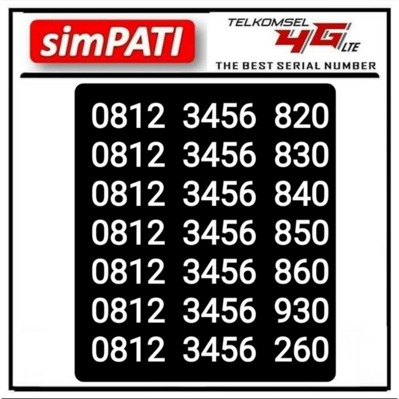 NOMOR SIMPATI 11 DIGIT 08123456,08223456820,830,840,850860,930,260