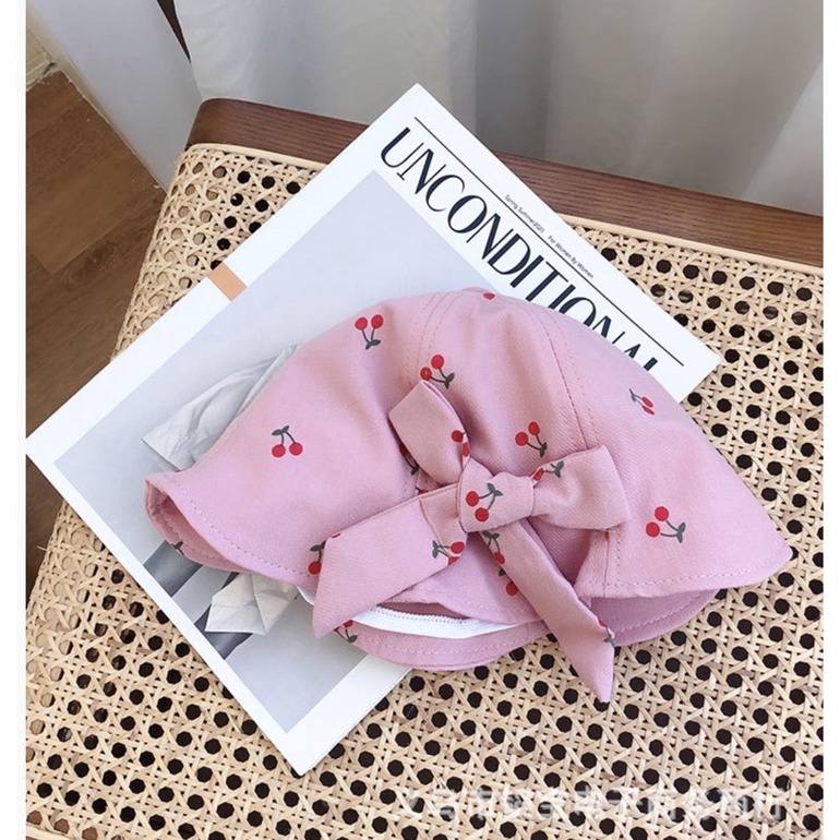 Topi Bucket Anak Bayi Balita Perempuan Import Model Pita Cherry-Pink