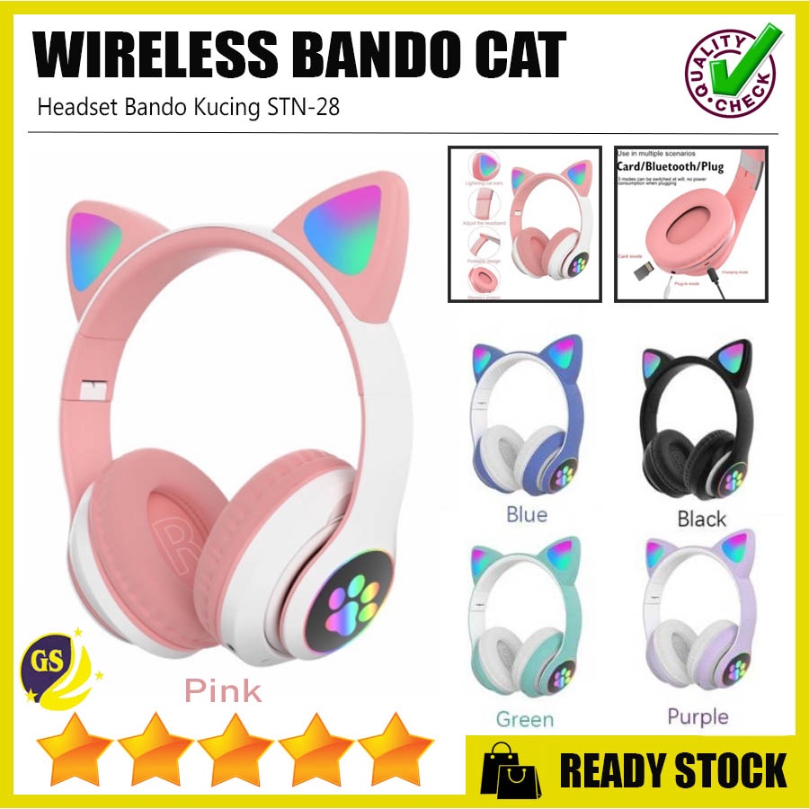 Headset Bluetooth Bando In Ear Cat LED Tipe STN-28 Wireless STN 28 Bando Kucing Lucu