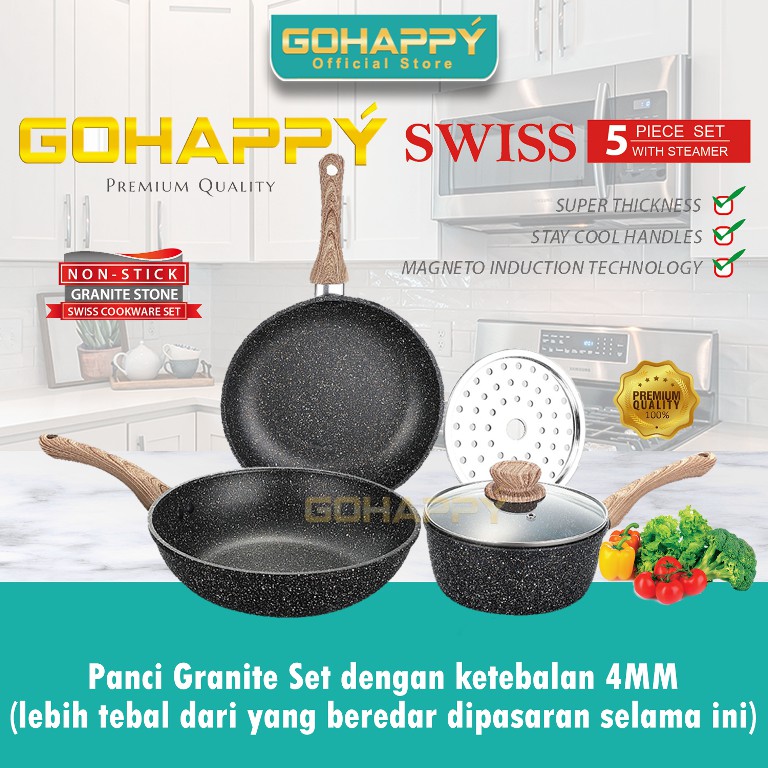 GOHAPPY Panci Swiss granite stone isi 5 piece | Premium cookware set | GHS05