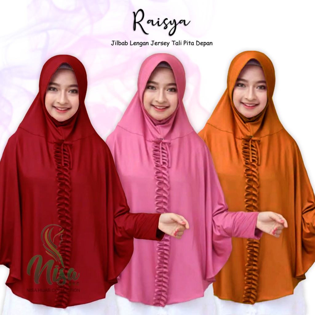 Jilbab Lengan Raisya Tali Pita Depan Hijab Tangan Khimar Jersey Kepang Depan