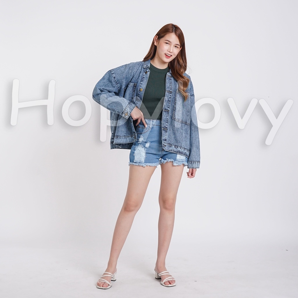 HOPYLOVY Jaket Jeans Wanita Oversize Kantong Besar Snow Acid Malorie