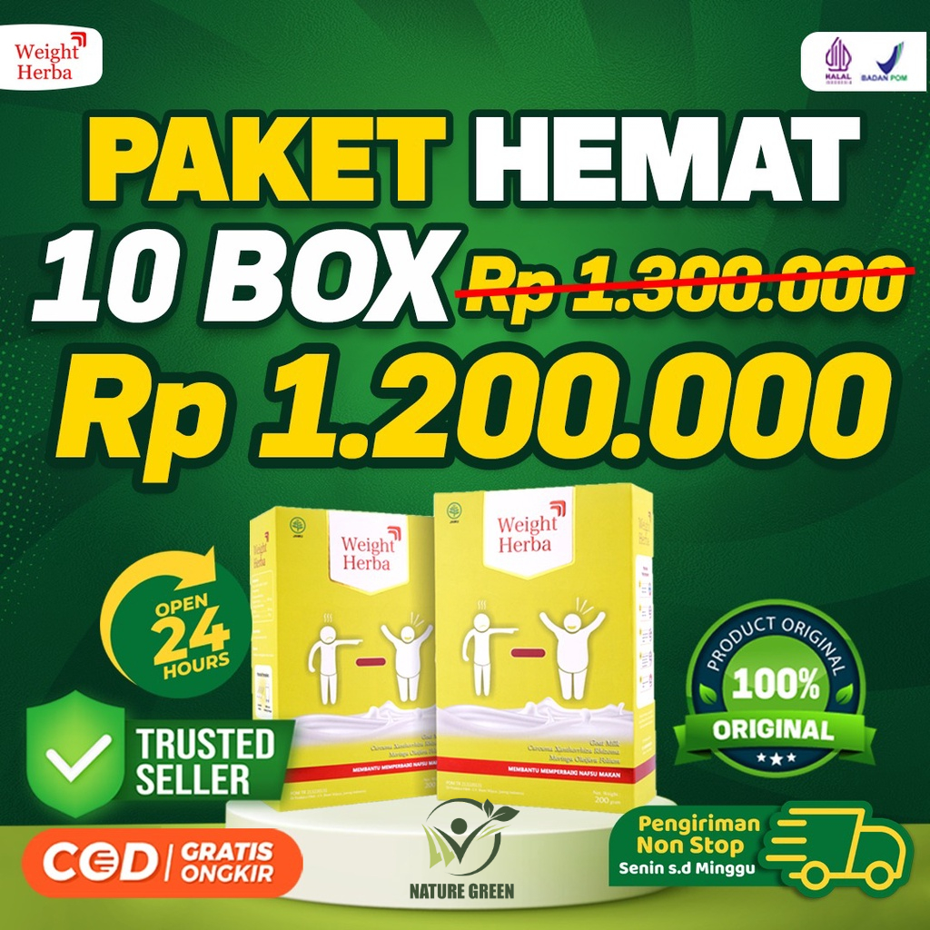 Paket Hemat 10 Box Weight Herba - 100% Original Susu Penggemuk Penambah Berat Badan &amp; Nafsu Makan Tingkatkan Kalori Kualitas Tinggi &amp; Menambah Protein Terbaik Isi 200gr