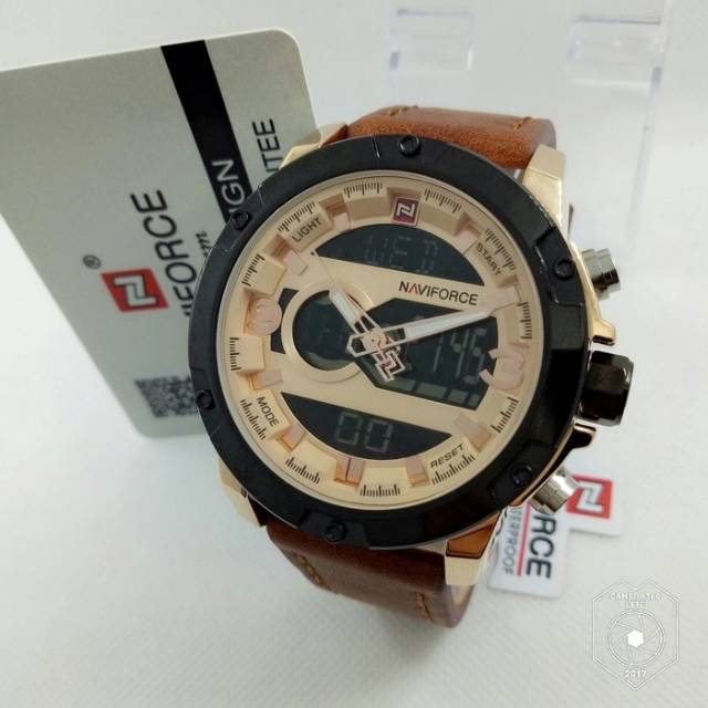 Jam Tangan Keren Elegant Pria NaviForce NV 9097 Leather Brown Rosegold Original