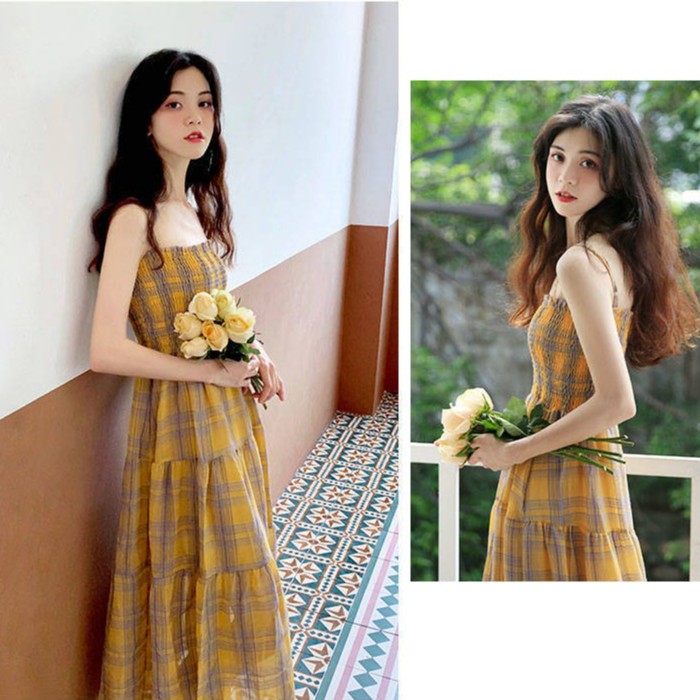 KDR-49 mid-length summer dress tartan setelan wanita import korea