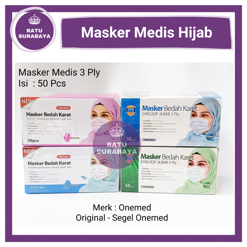 masker medis onemed 3 ply hijab headloop  jilbab box isi 50 pcs