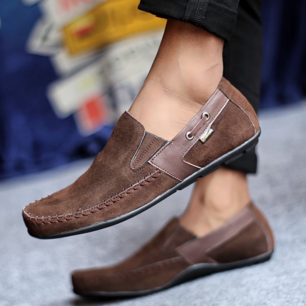 ENOZSTORE Sepatu Original Pria Kulit Suede Asli Slip On Kasual Jalan Santai Slop Casual Cowok Cowo Keren Ringan Kekinian