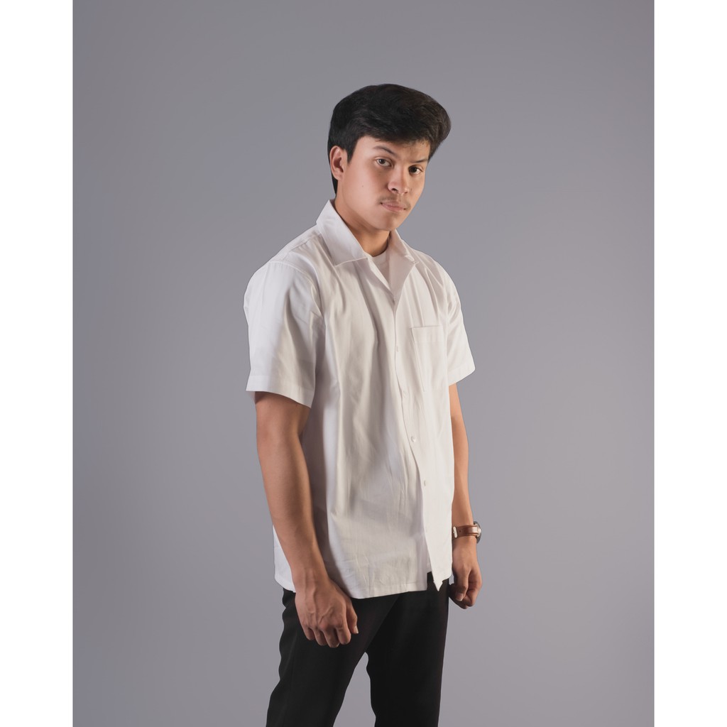 Kemeja Katun Pria Monsun Kemeja Kasual Cowok Lengan Pendek Warna Putih