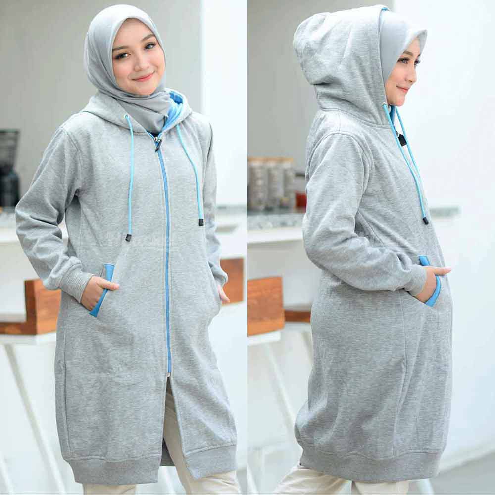 Jaket Jacket Polos Hoodie Panjang Wanita Cewek Muslimah Hijabers Kekinian Abu Muda Hijacket BC Grey-1