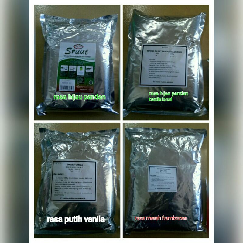 

Tepung dawet srut 1000 grm.(varian rasa pandan, vanila, frambozen,pandan tradisional)