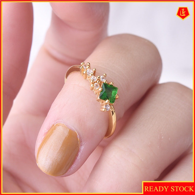[Ready Stock]Simple Elegant 14K Gold Exquisite Green Square Rhinestone Ring
