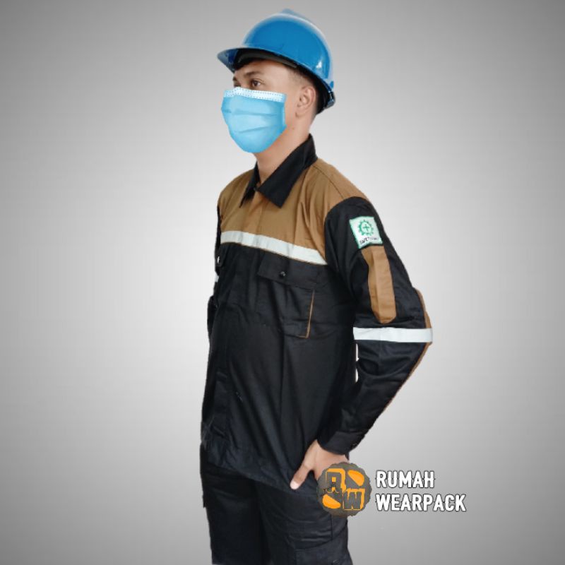 Baju Kerja/ Wearpack Proyek/ Seragam Kerja Atasan Hitam Kombinasi Coklat Mocca