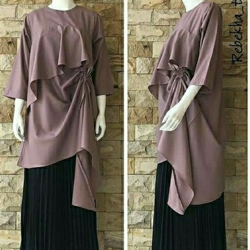 Tunik Balila Panjang Rufle Serut Atasan Perempuan Katun Toyobo